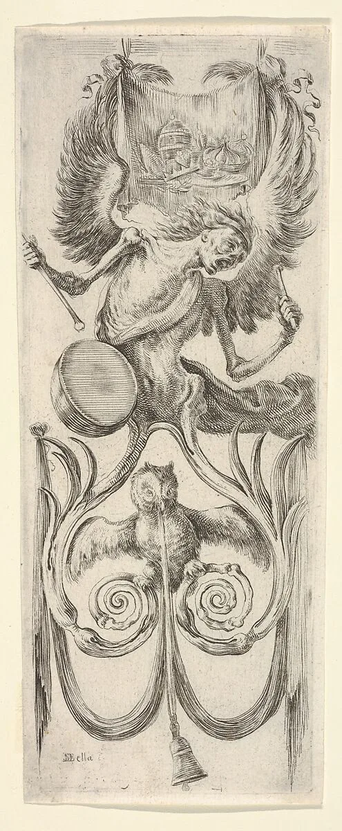 Death beating a drum above, an owl and a bell attached to a ribbon below, from 'Ornaments or Grotesques' (Ornamenti o Grottesche) — Stefano della Bella