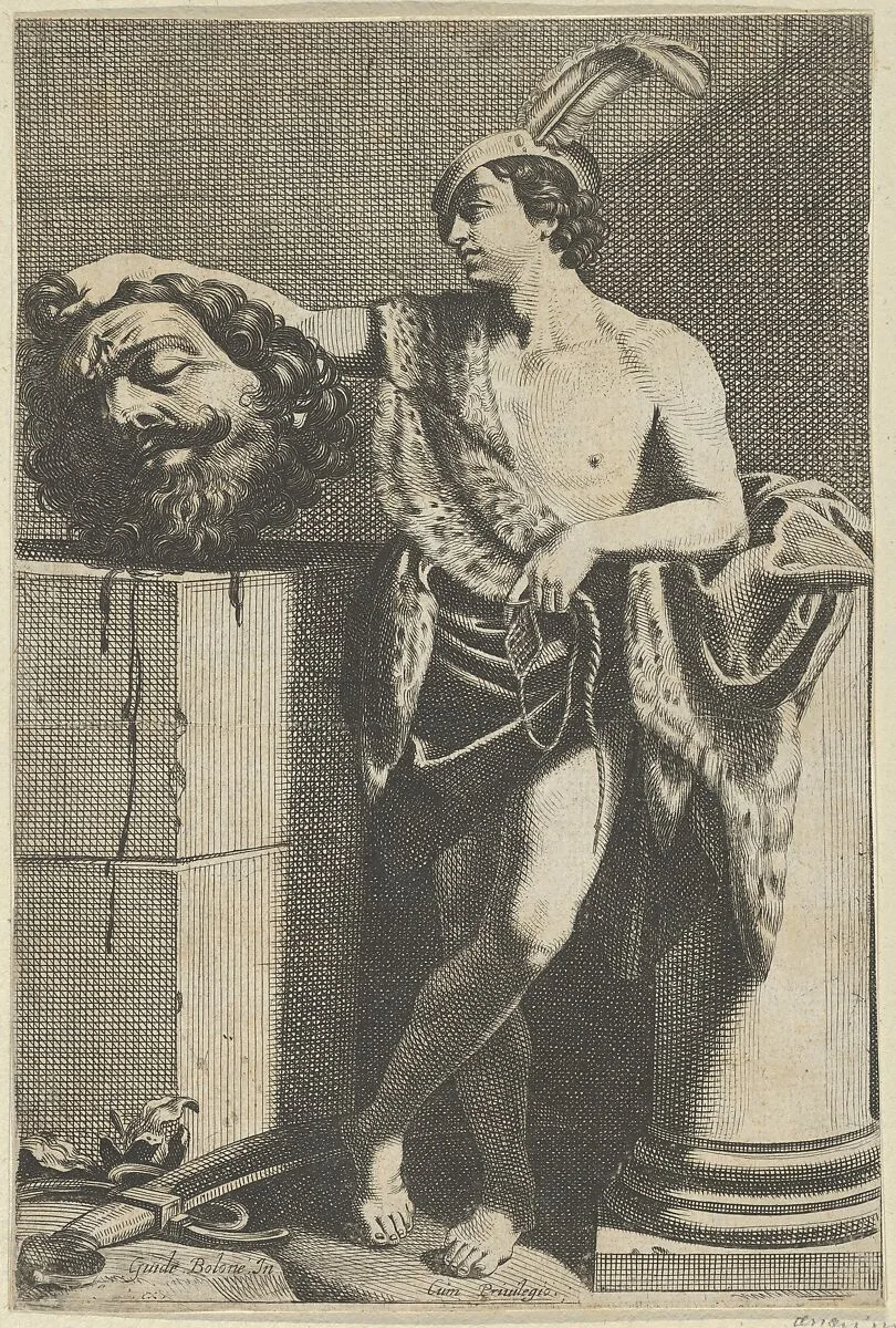 David standing with crossed legs and holding the head of Goliath on a pedestal at left, a sword on the ground, after Reni — Guido Reni|Anonymous