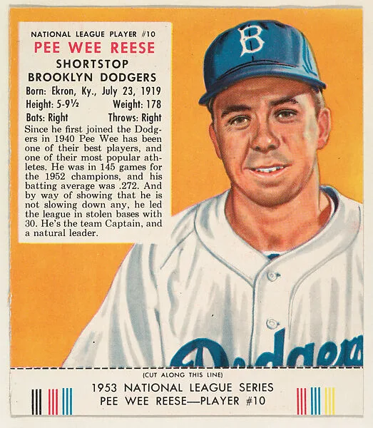 Pee Wee Reese, from the Red Man All-Star Team series (T233), issued by Red Man Chewing Tobacco — Red Man Chewing Tobacco