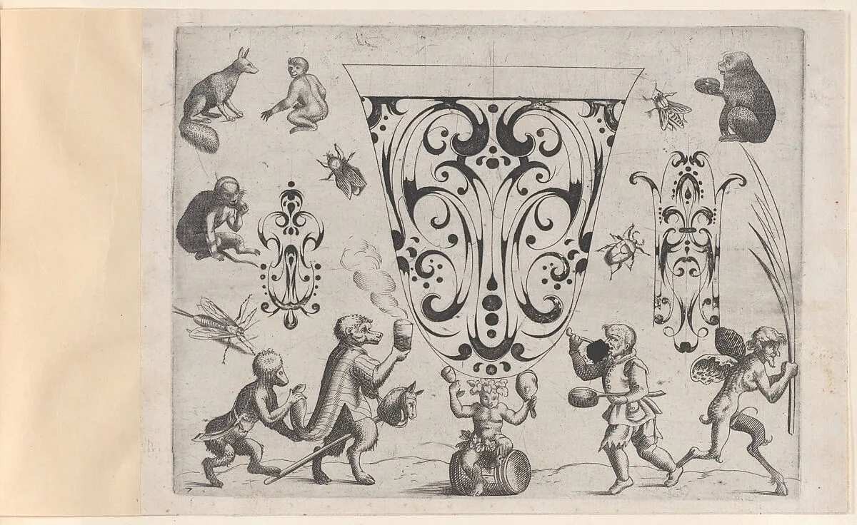 Blackwork Designs with Birds and Insects, Plate 7 from a Series of Blackwork Ornaments combined with Figures, Birds, Animals and Flowers — Jacques Callot|Meinert Gelijs|Jakob Hoefnagel