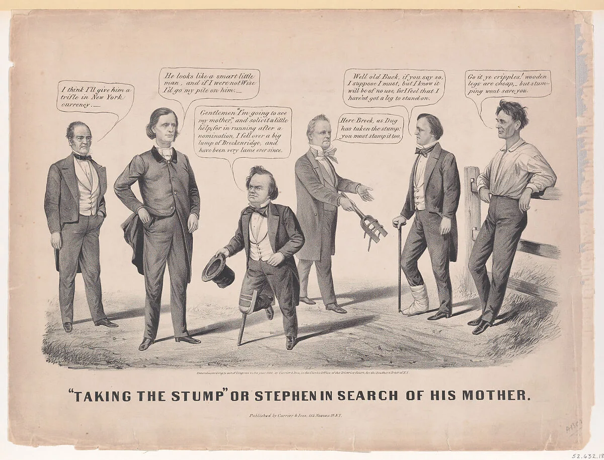 "Taking the Stump" or Stephen in Search of his Mother — James Buchanan, Jr.|Currier & Ives|John Bell|Stephen Arnold Douglas|Abraham Lincoln|Louis Maurer|Henry Alexander Wise|John C. Breckinridge