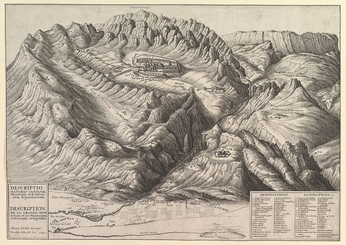 View of La Grande Chartreuse in the French Alps / Descriptio Maioris Cartusiæ Montium, et Ædificiorum dependentium — Wenceslaus Hollar|Antonius de la Halle