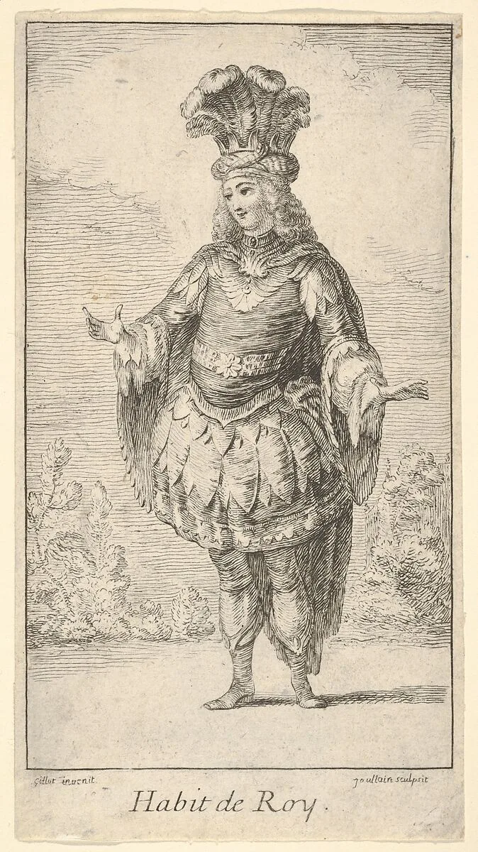 Habit de Roy: a man wearing a tonnelet decorated with rosettes, a crown and a turban with feathers on his head, from 'New designs for costumes' (Nouveaux desseins d'habillements à l'usage des balets operas et comedies) — Claude Gillot|François Joullain