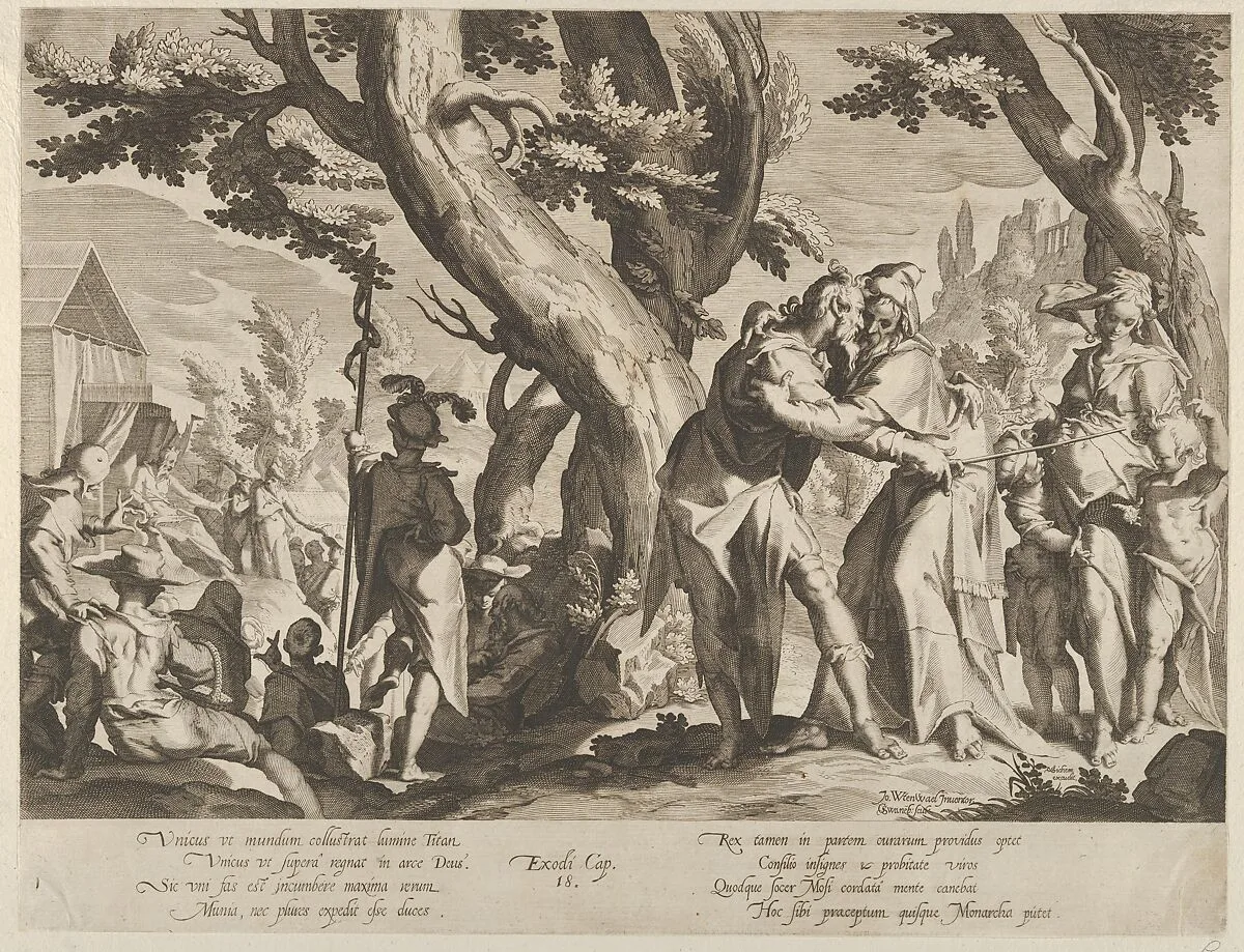 The Meeting of Moses and Jethro, from Thronus Justitiae, tredecim pulcherrimus tabulis..., plate 1 — Joachim Wtewael|Willem van Swanenburg|Pieter de Jode I