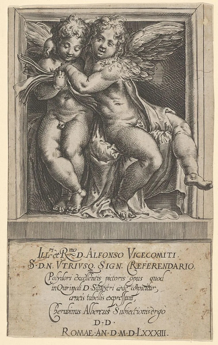 Two seated angels, arms around one another, the one on the left looking down at a song book, from The Angels' Concert — Cherubino Alberti (Zaccaria Mattia)|Polidoro da Caravaggio