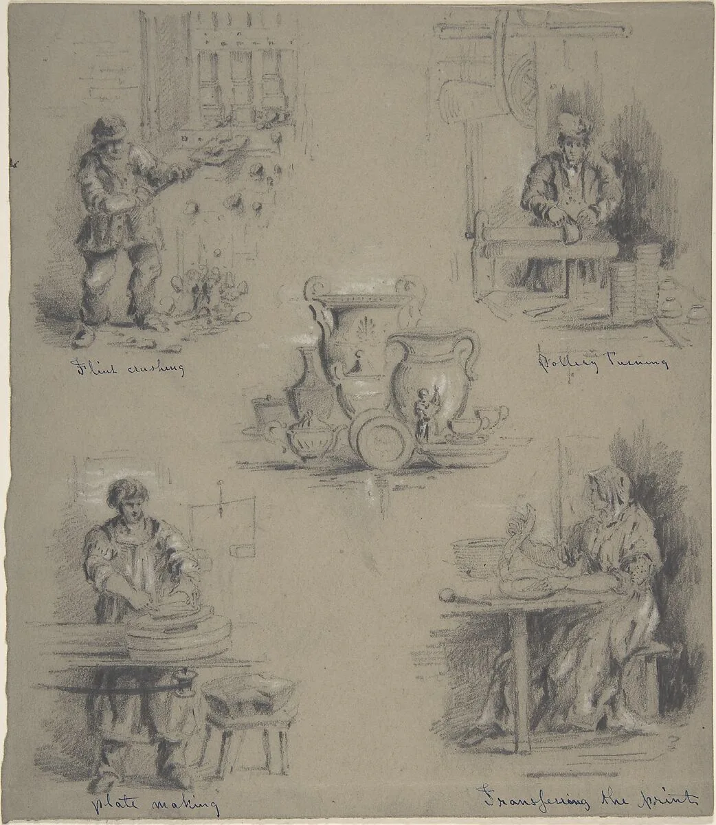 Five drawings showing the manufacture of china — Anonymous, British, 19th century