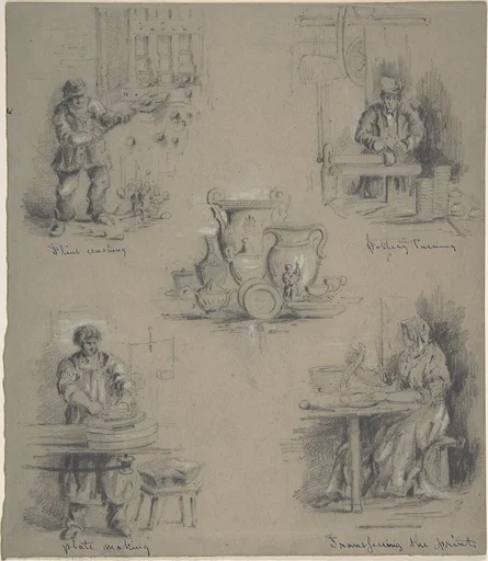 Five drawings showing the manufacture of china