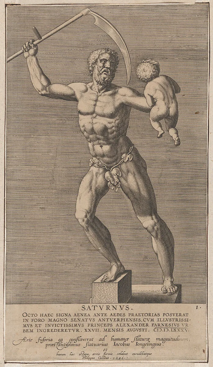 Plate 1: Saturn; statue of the nude god standing on a socle, holding a scythe in his right hand and a child in his left; from 'Statues of Roman Gods' after Jacques Jonghelinck — Jacques Jonghelinck|Philips Galle|Philips Galle