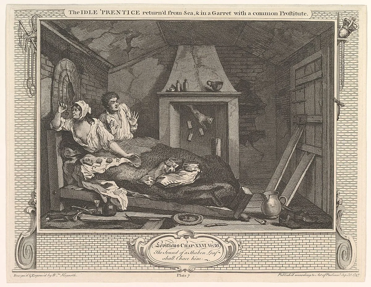 The Idle 'Prentice Returned from Sea and in a Garret with a Common Prostitute (Industry and Idleness, plate 7) — William Hogarth