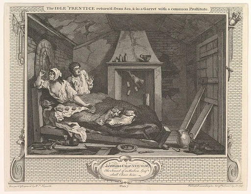 The Idle 'Prentice Returned from Sea and in a Garret with a Common Prostitute (Industry and Idleness, plate 7)