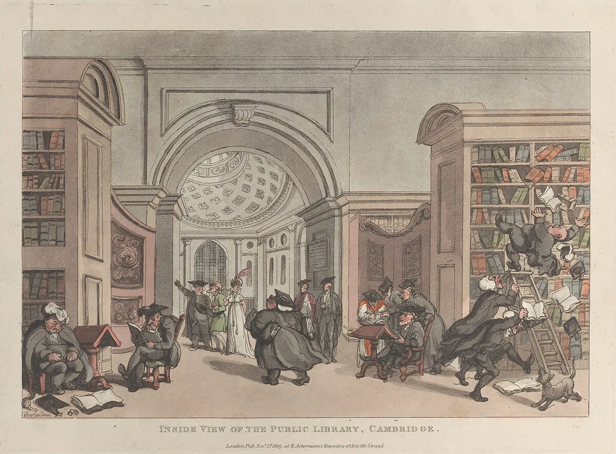 Inside View of the Public Library, Cambridge — Thomas Rowlandson|Rudolph Ackermann, London