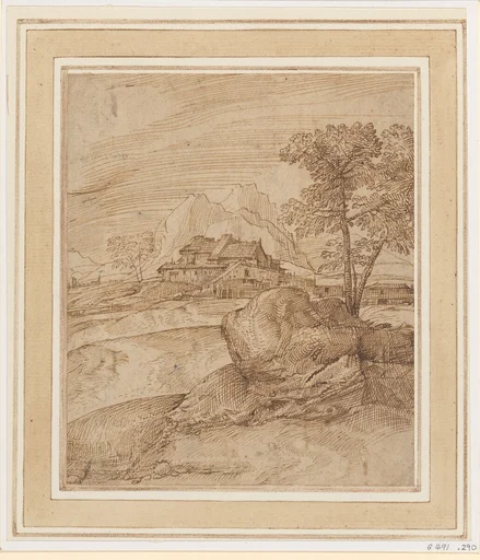 Mountainous Landscape with a Rock, Trees, and Buildings