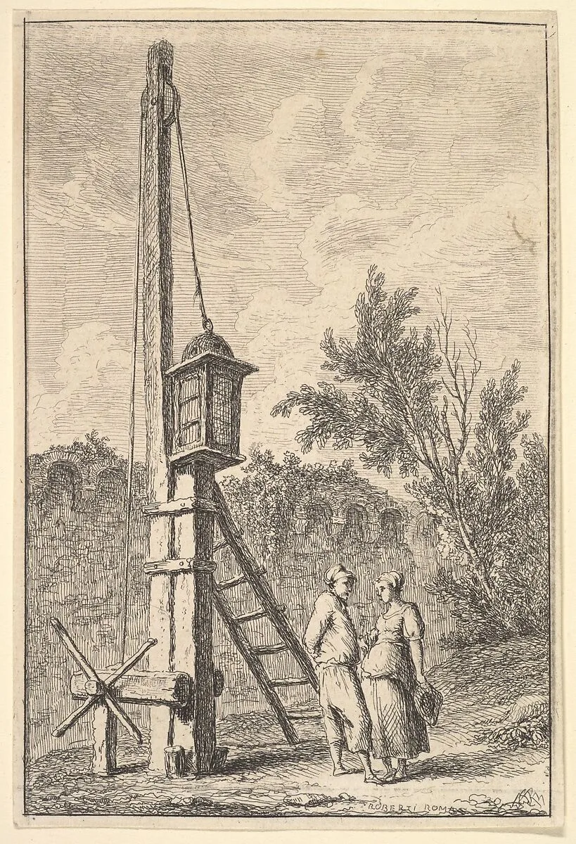 Plate 9: The Pulley: a man and a woman conversing to right, a lantern hung on a post to left, from "Les soirées de Rome" — Hubert Robert