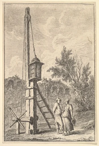 Plate 9: The Pulley: a man and a woman conversing to right, a lantern hung on a post to left, from "Les soirées de Rome"