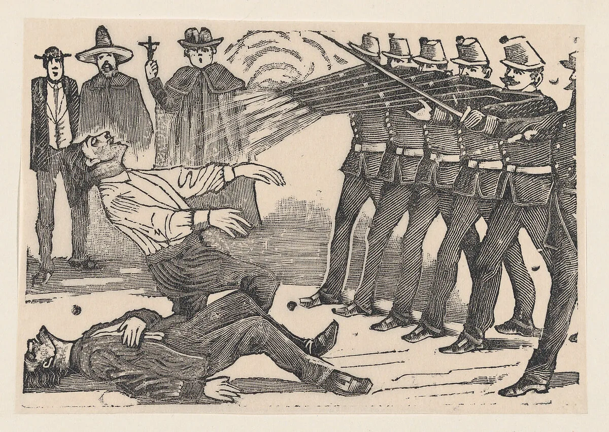 A firing squad executing two men, a priest and other figures in the background — José Guadalupe Posada