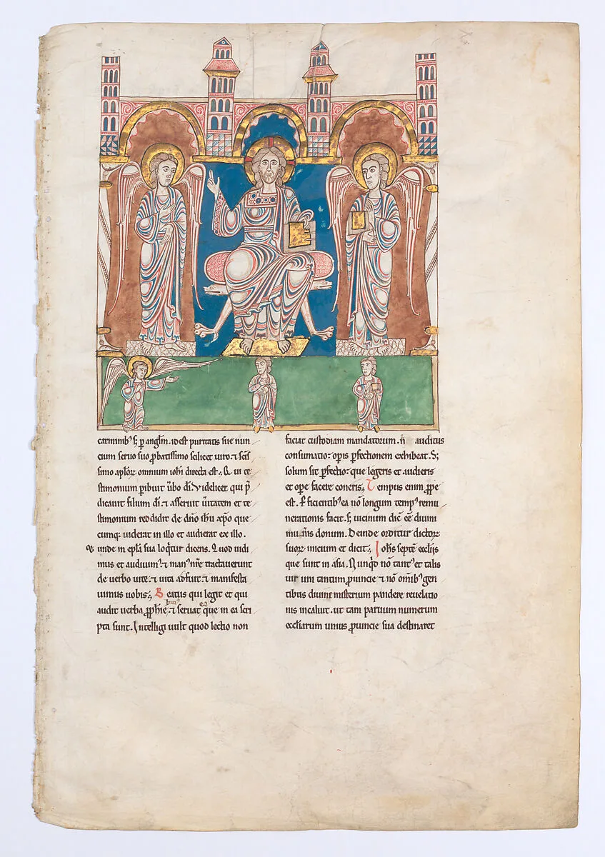 Leaf from a Beatus Manuscript: Christ in Majesty with Angels and the Angel of God Directs Saint John to Write the Book of Revelation — Unknown