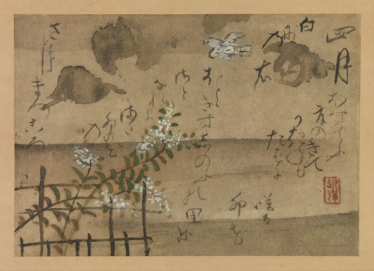 尾形乾山筆 定家詠十二ヶ月和歌 花鳥図 『拾遺愚草』 より四月|“Fourth Month” from Fujiwara no Teika’s “Birds and Flowers of the Twelve Months” — Ogata Kenzan