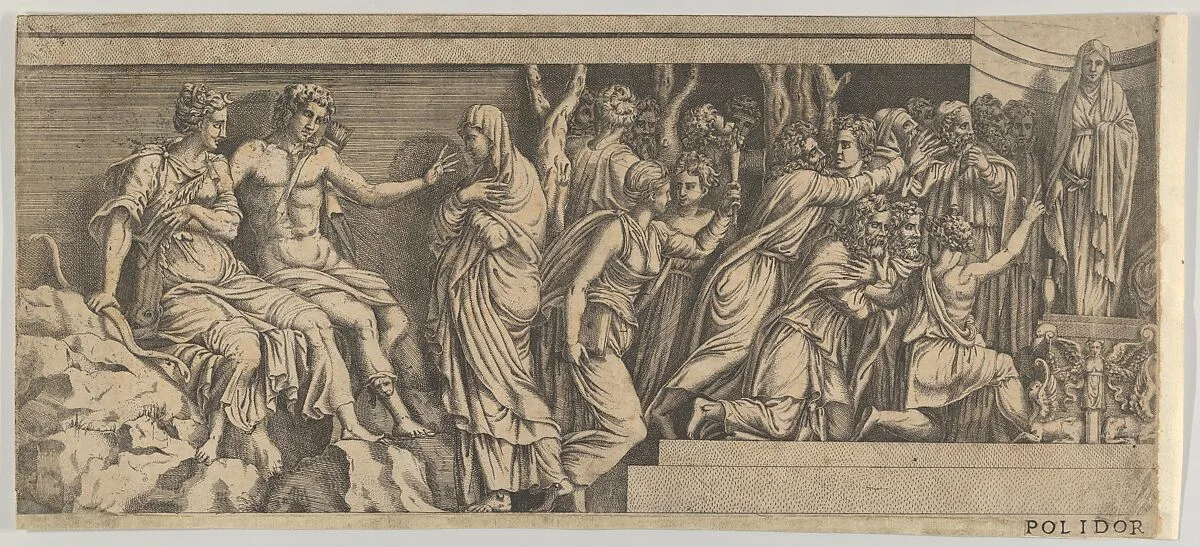 Statue of Niobe and her Worshippers, with Apollo and Diana and other Figures, after Polidoro da Caravaggio — Anonymous, School of Fontainebleau|Polidoro da Caravaggio