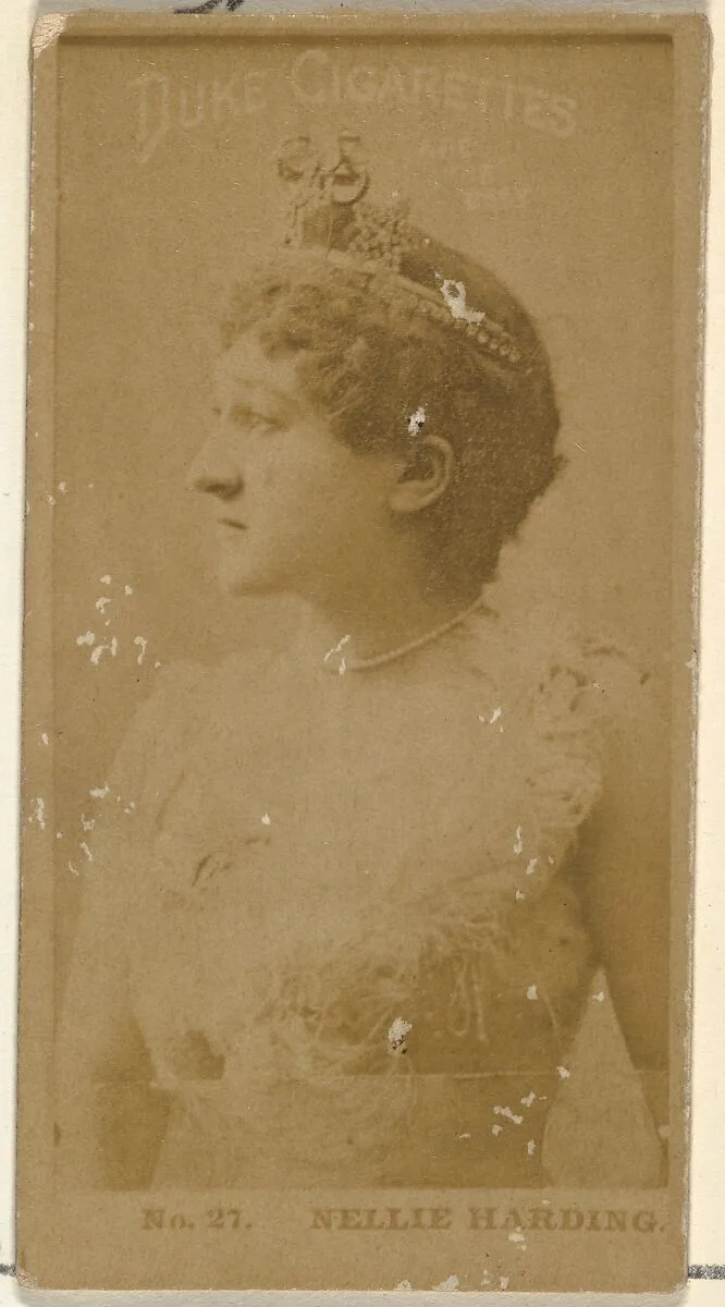 Card Number 27, Nellie Harding, from the Actors and Actresses series (N145-6) issued by Duke Sons & Co. to promote Duke Cigarettes — W. Duke, Sons & Co.