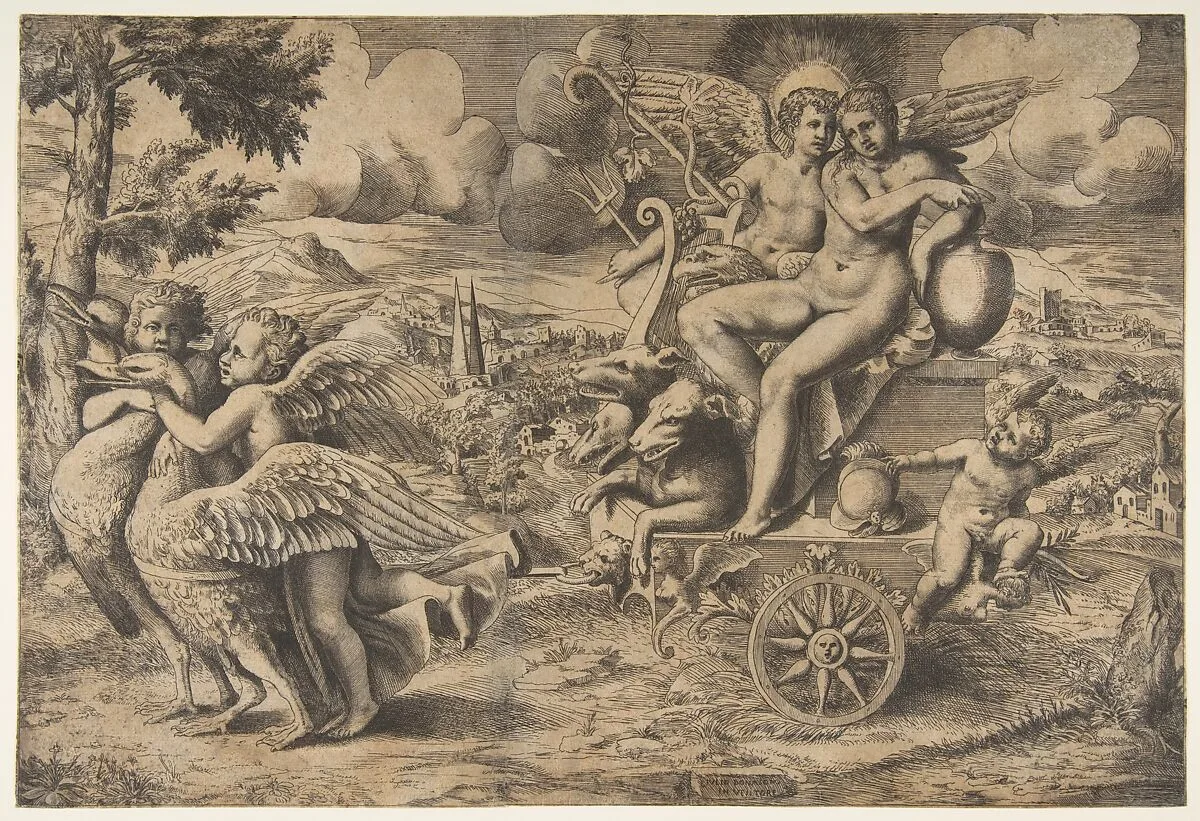 The triumph of Cupid and Psyche who are seated on a chariot drawn by two birds restrained by children — Giulio Bonasone