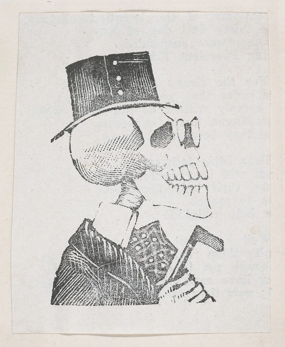 A profile of a skeleton with a tophat, a coat, and glasses, from a broaside entitled 'La Calavera de Cupido', published by Antonio Vanegas Arroyo. — José Guadalupe Posada