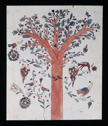 Drawing of Tree with Birds and Fruit