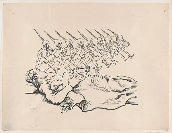 A woman lying the ground holding a child, above a line of Nazi (Fascist) soldiers wearing gas masks and carrying bayonets — Alfredo Zalce