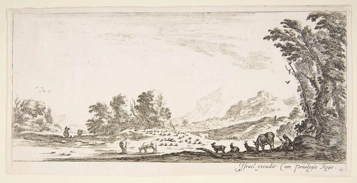 Plate 11: shepherdess seated to the right under a tree, watching her flock to the left, mountains to right in the background, from 'Various landscapes' (Divers paysages) — Stefano della Bella|Israël Henriet|Louis de Bourbon duc d'Anguien