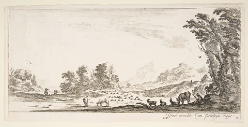 Plate 11: shepherdess seated to the right under a tree, watching her flock to the left, mountains to right in the background, from 'Various landscapes' (Divers paysages)