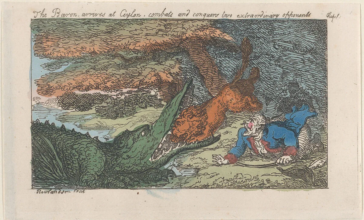 The Baron arrives at Ceylon, combats and conquers two extraordinary opponents — Thomas Rowlandson|Thomas Tegg