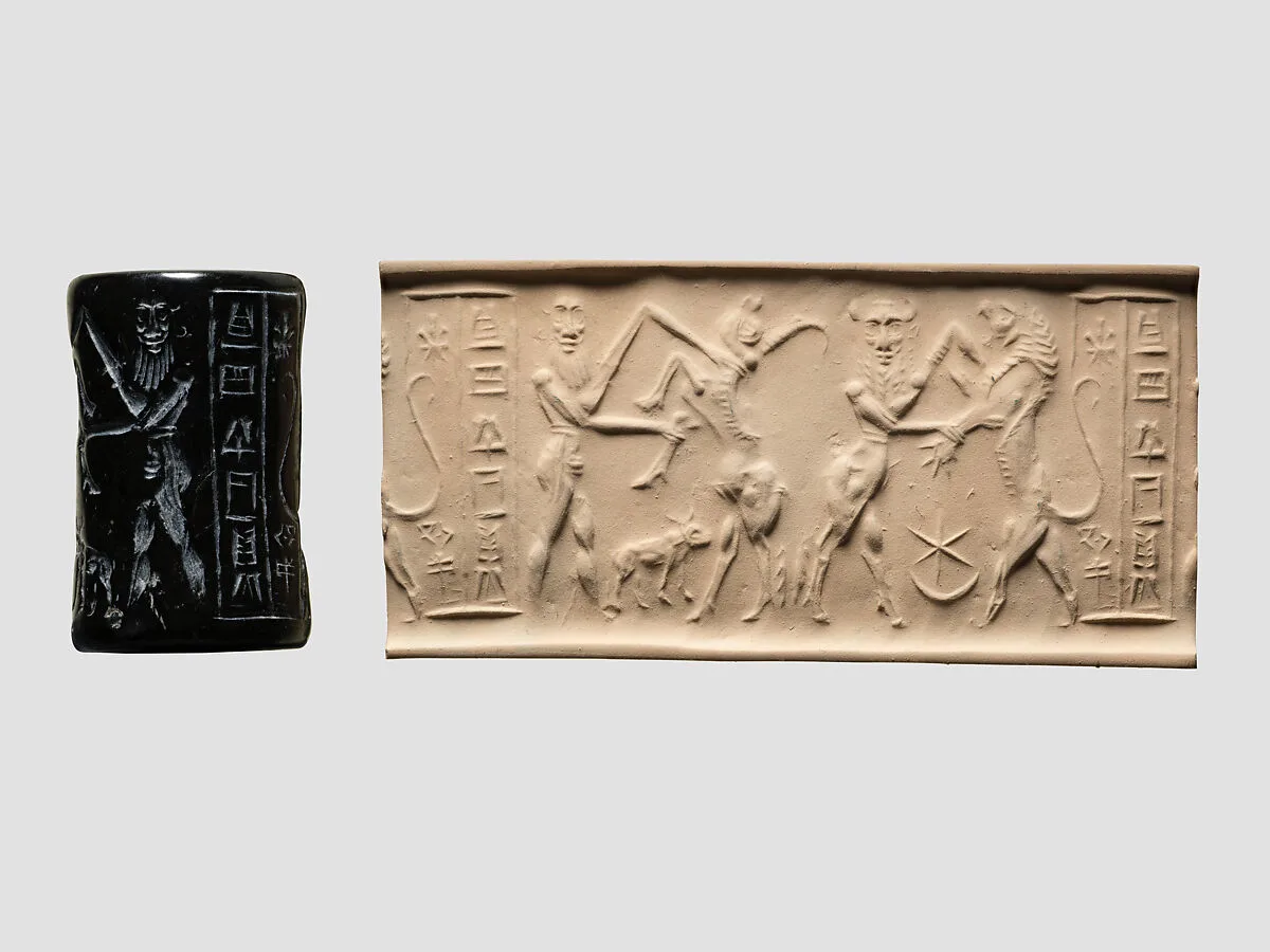Cylinder seal and modern impression: bull-man wrestling with lion; nude bearded hero wrestling with a water buffalo — Unknown
