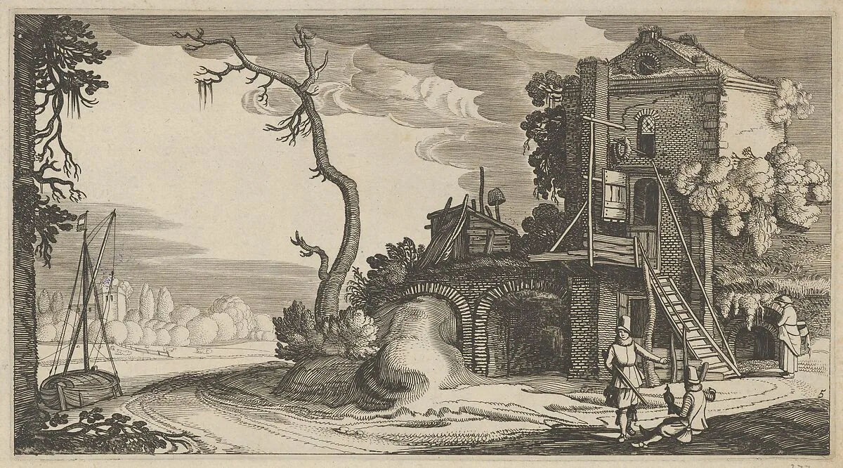 Square Tower Used as Inn near a River — Jan van de Velde II|Claes Jansz. Visscher