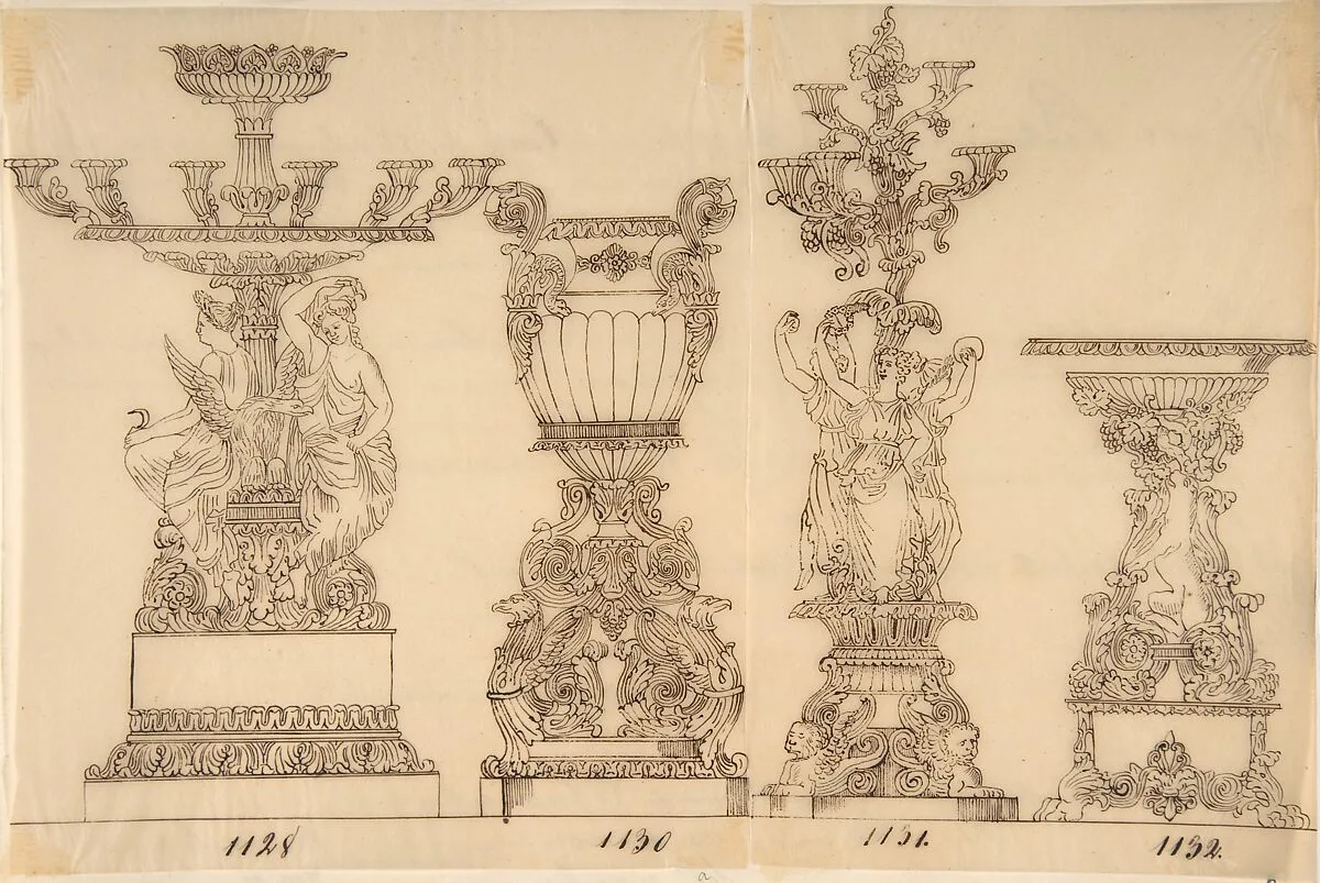 Designs for Two Candelabras and Two Urns — Anonymous, French, 19th century