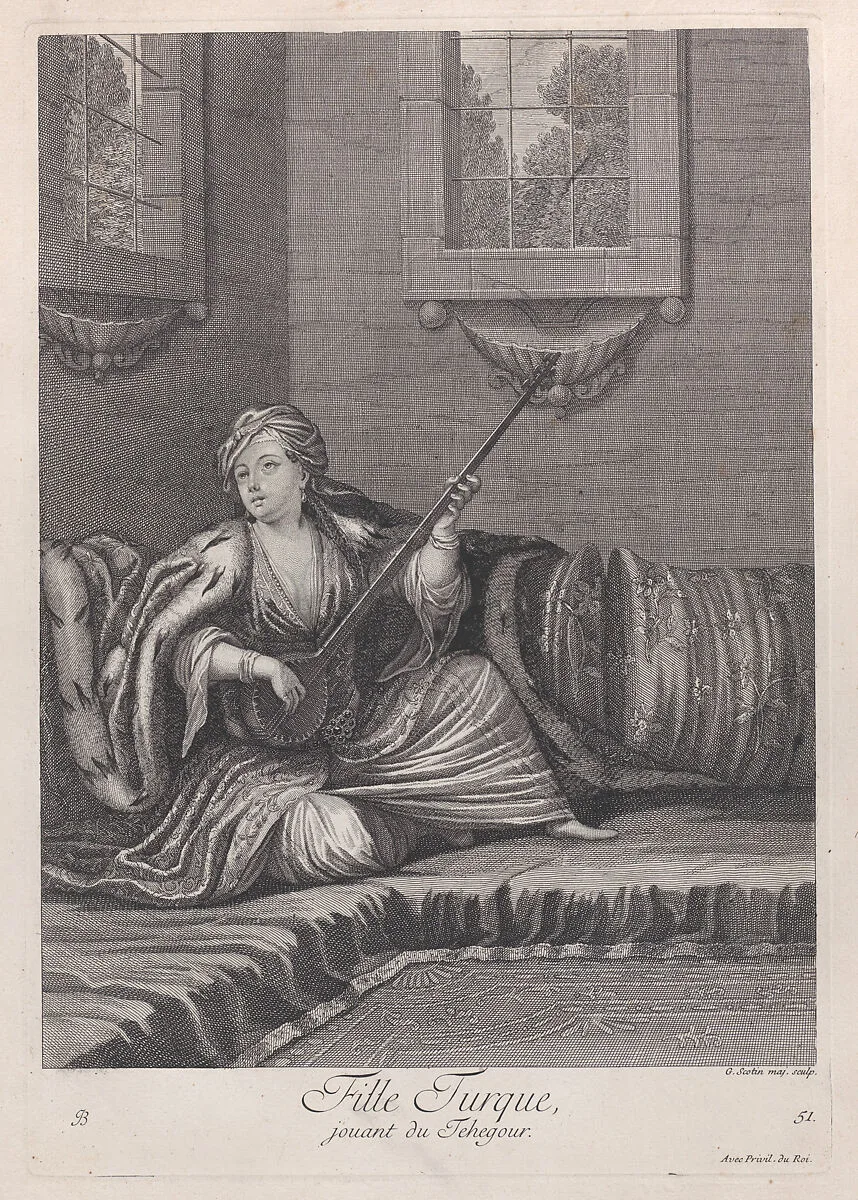 Fille Turque, jouant du Tehegour, plate 51 from "Recueil de cent estampes représentent differentes nations du Levant" — Jacques le Hay|Gérard Jean Baptiste Scotin I|Jean Baptiste Vanmour