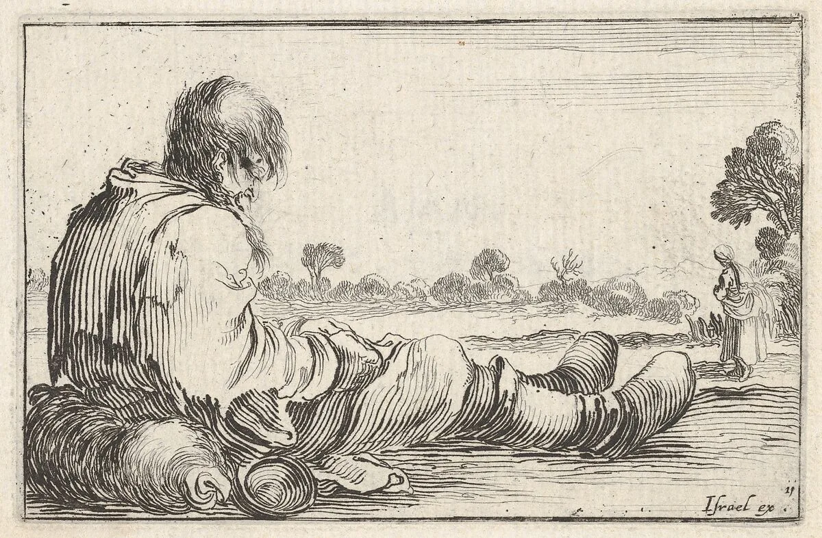 Plate 11: an old man sitting on the ground to left, seen from behind, a peasant woman seen from behind to right in backfround, from 'Caprice faict par de la Bella' — Stefano della Bella|Israël Henriet