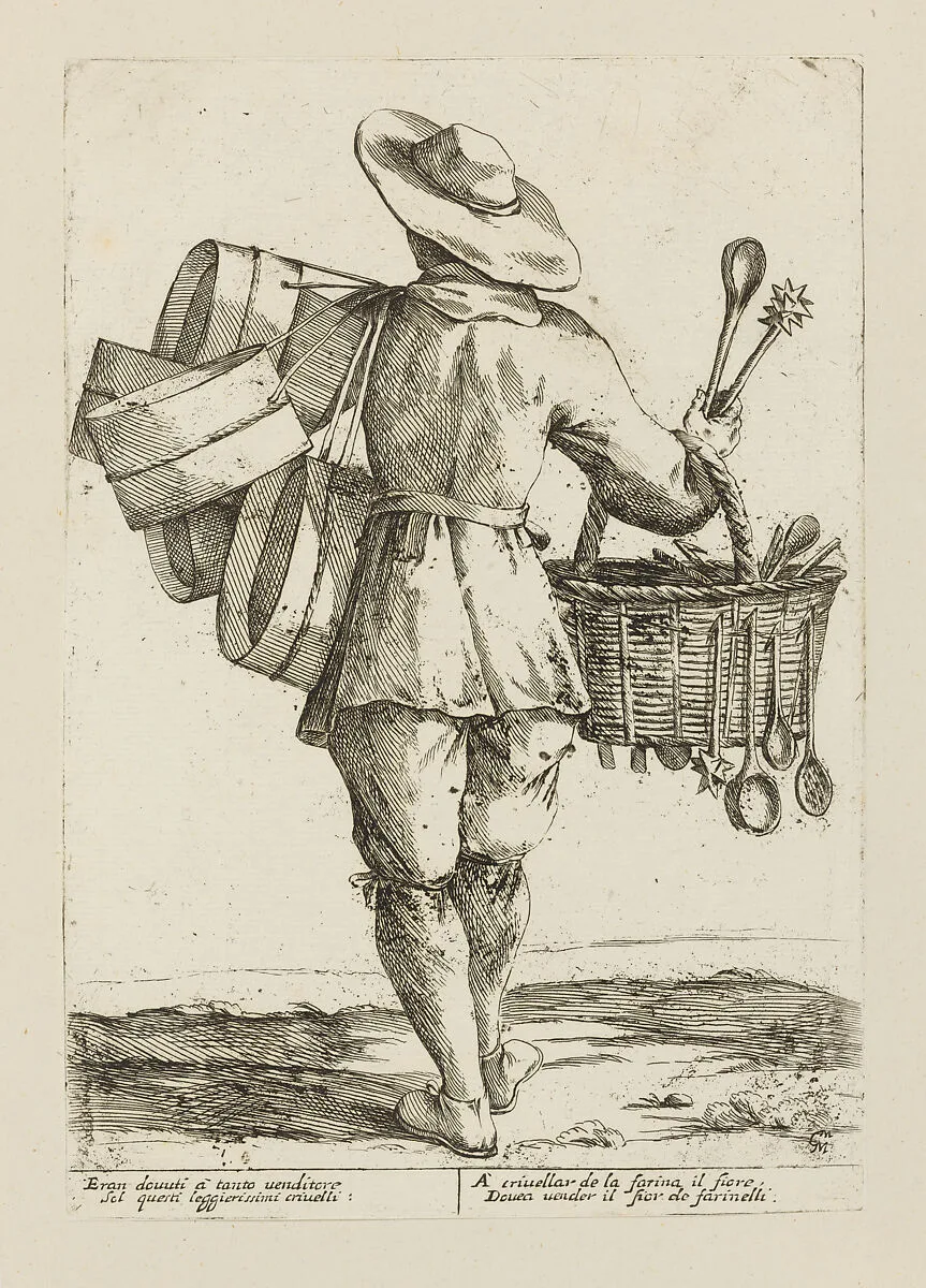 Vendor of Sieves, from Di Bologna l'Arti per via D'An.ibal' Ca.rac, plate 12 — Giuseppe Maria Mitelli|Annibale Carracci|Giovanni Giacomo De Rossi