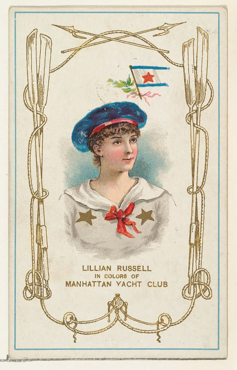 Lillian Russell in Colors of Manhattan Yacht Club, from the Yacht Colors of the World series (N140) issued by Duke Sons & Co. to promote Honest Long Cut Tobacco — W. Duke, Sons & Co.