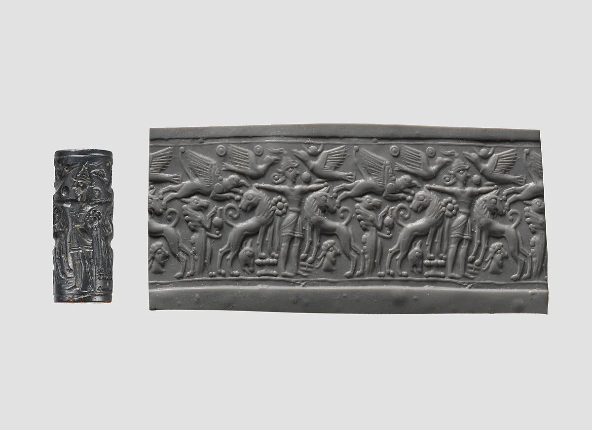 Cylinder seal and modern impression: Master of Animals between lions, griffins, Minoan genius — Unknown