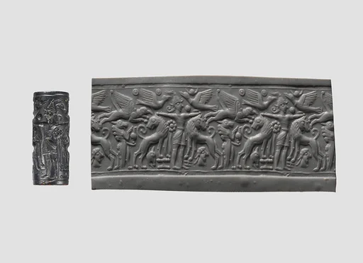 Cylinder seal and modern impression: Master of Animals between lions, griffins, Minoan genius