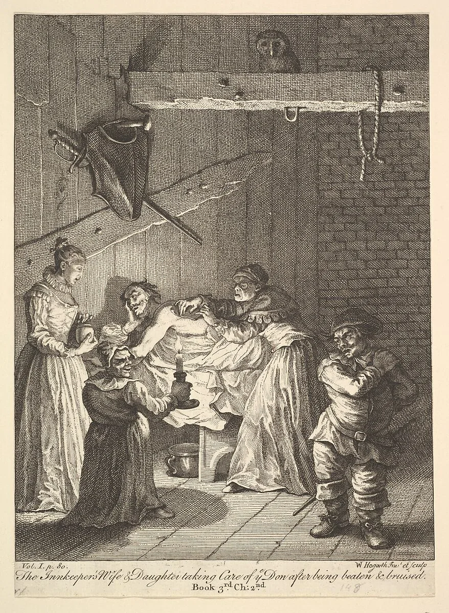 The Innkeeper's Wife & Daughter taking Care of ye Don after being beaten & bruised (Six Illustrations for Don Quixote) — William Hogarth|Miguel de Cervantes Saavedra
