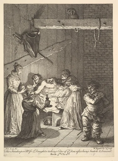 The Innkeeper's Wife & Daughter taking Care of ye Don after being beaten & bruised (Six Illustrations for Don Quixote)