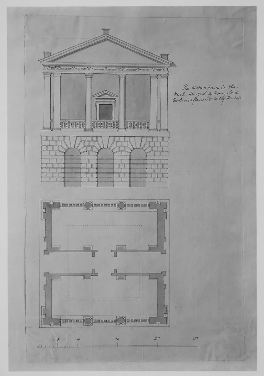 The Water House in the Park, Houghton, Norfolk, Plan and Elevation of the Portico Front — Henry Herbert, 9th Earl of Pembroke