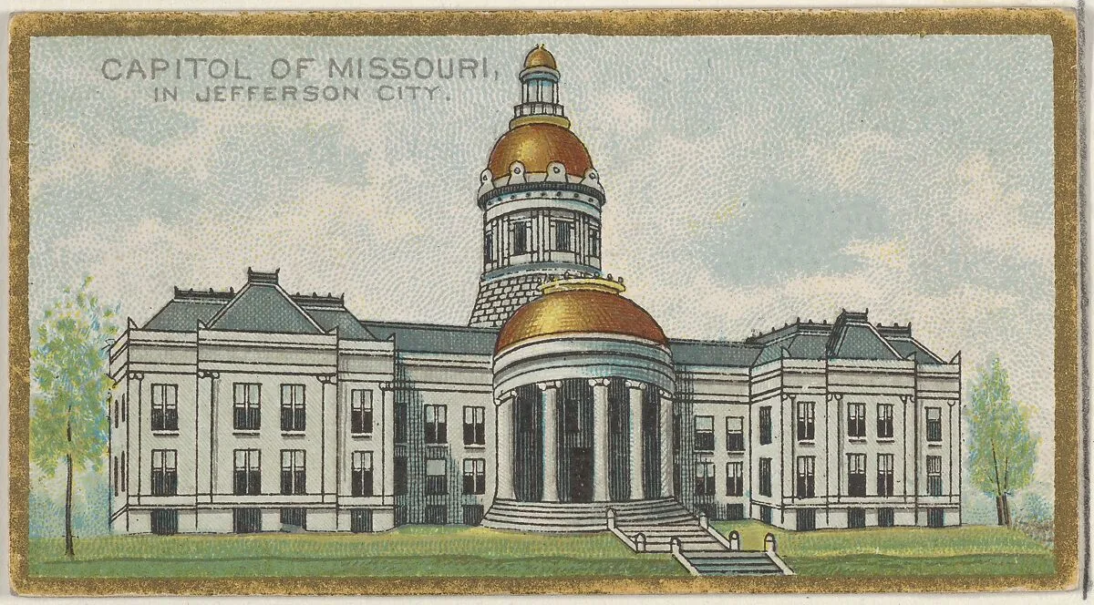 Capitol of Missouri in Jefferson City, from the General Government and State Capitol Buildings series (N14) for Allen & Ginter Cigarettes Brands — Allen & Ginter|The Gast Lithograph & Engraving Company