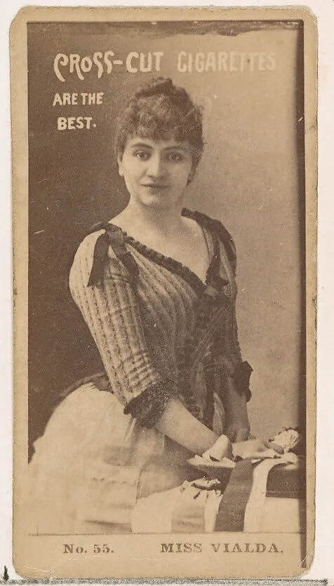 Card Number 55, Miss Vialda, from the Actors and Actresses series (N145-2) issued by Duke Sons & Co. to promote Cross Cut Cigarettes — W. Duke, Sons & Co.