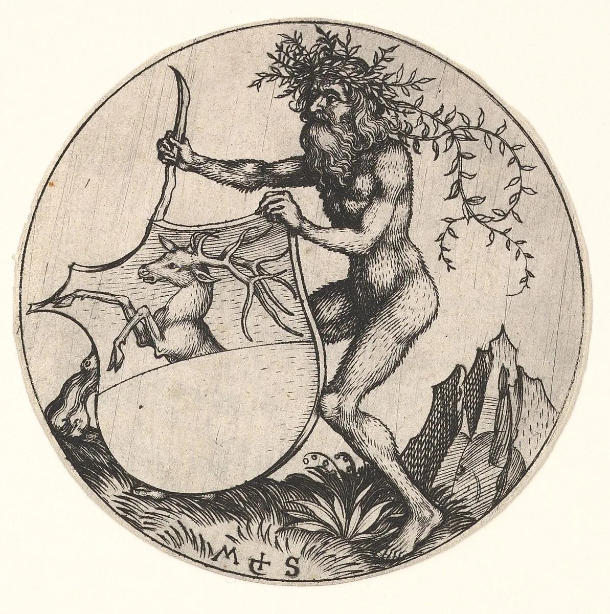 Shield with Stag Held by Wild Man — Martin Schongauer