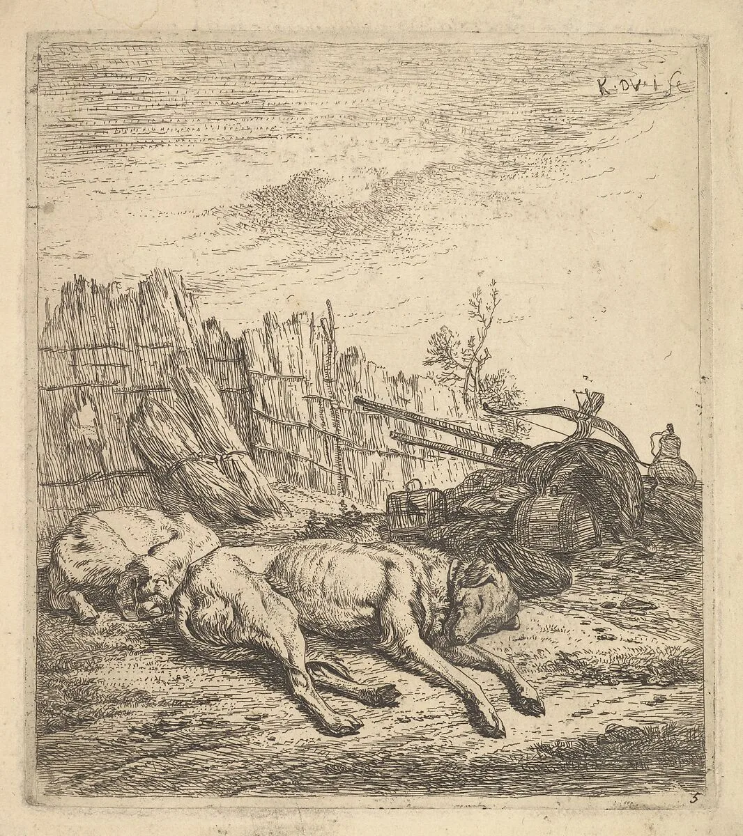 Two dogs sleeping on the ground; a plough, farm equipment, bunches of straw, and a fence beyond — Karel Dujardin