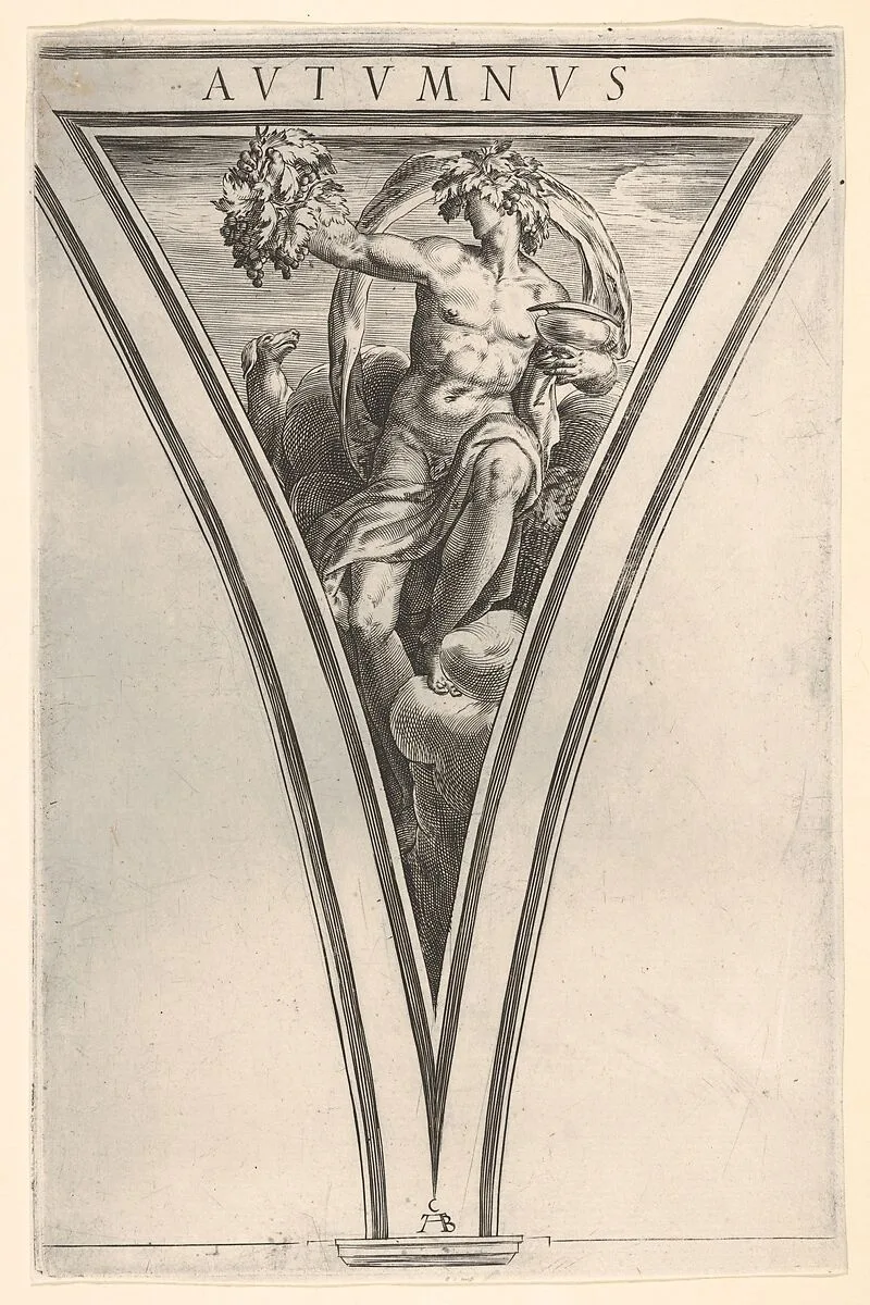 Autumn (Autumnus), represented as a seated male figure bearing grapes in his right hand and a lidded vessel in his left hand, with a billowing drape and grape wreath, a spandrel-shaped composition from the series 'The Four Seasons' — Cherubino Alberti (Zaccaria Mattia)|Taddeo Zuccaro
