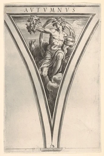 Autumn (Autumnus), represented as a seated male figure bearing grapes in his right hand and a lidded vessel in his left hand, with a billowing drape and grape wreath, a spandrel-shaped composition from the series 'The Four Seasons'