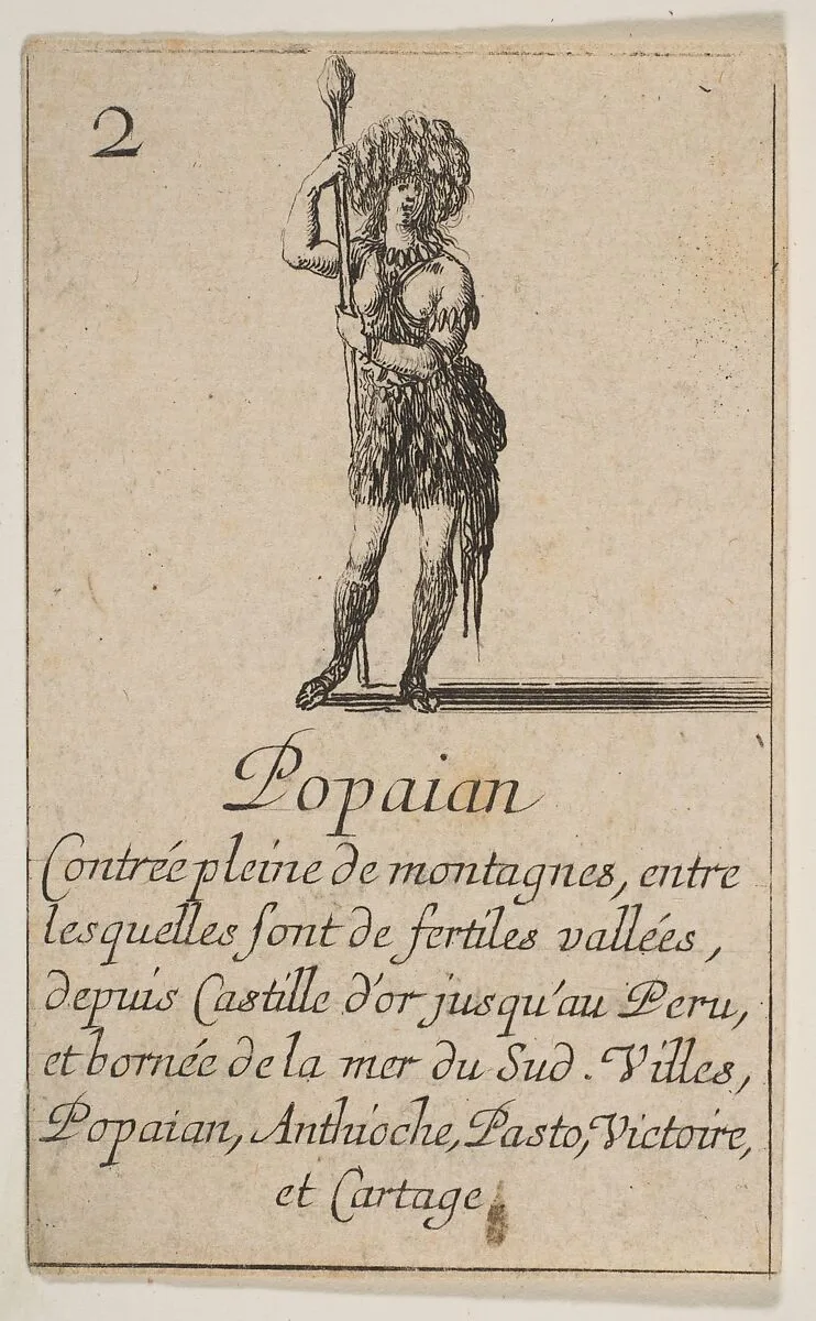 Popayan, from the playing cards "Jeu de la Géographie" — Stefano della Bella|Jean Desmarets de Saint-Sorlin|Henri Le Gras|Cardinal Jules Mazarin|Louis XIV, King of France
