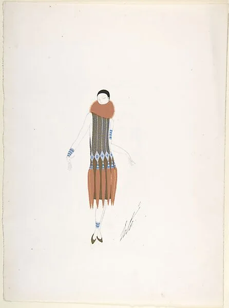 Design for Turquoise and Gold Beaded Dress with Fur Ruff and Fur Tails Hanging from Hipline for "Manhattan Mary," Majestic Theater, New York — Erté (Romain de Tirtoff)